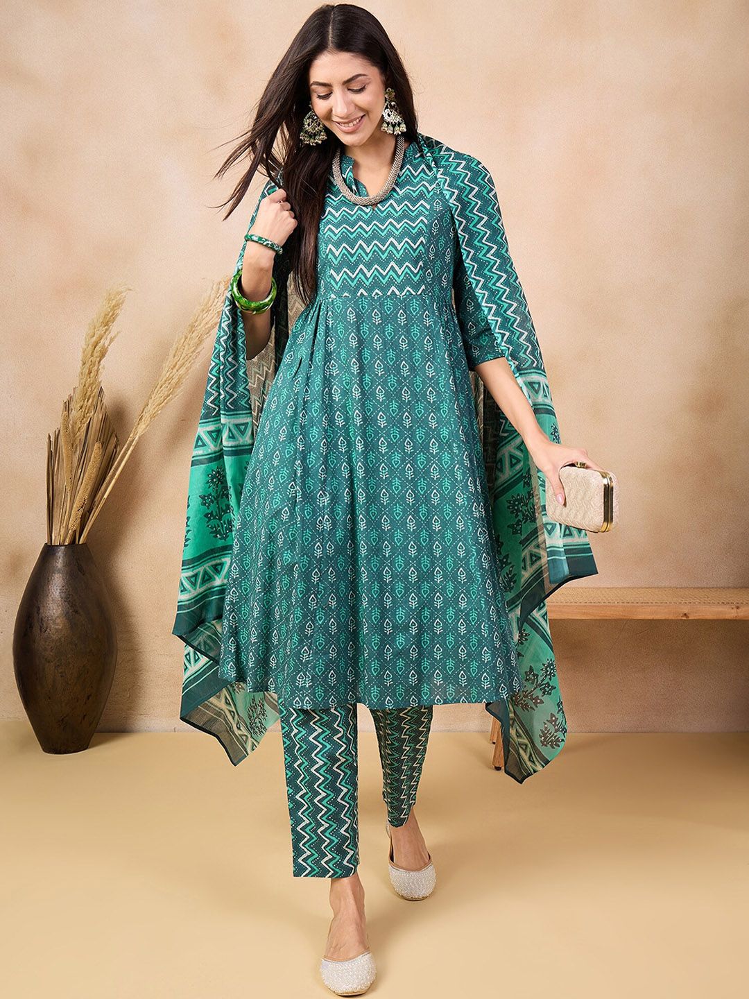 Ethnic Motifs Printed Pure Cotton Kurta & Trousers With Dupatta-1
