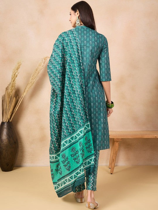 Ethnic Motifs Printed Pure Cotton Kurta & Trousers With Dupatta-2