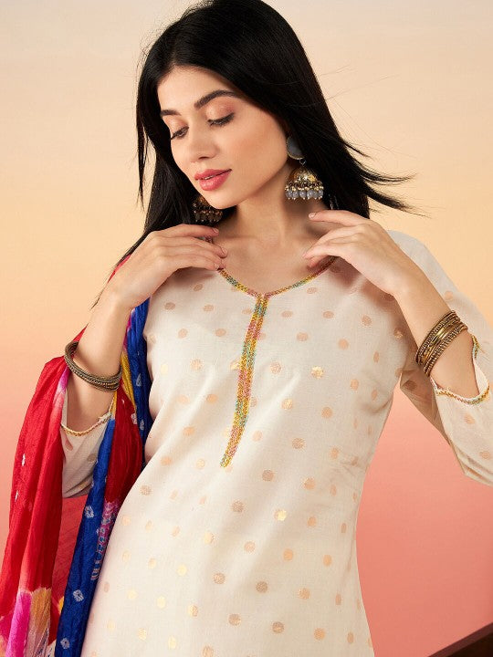 Ethnic Motifs Printed Pure Cotton Straight Kurta With Salwar & Dupatta-6