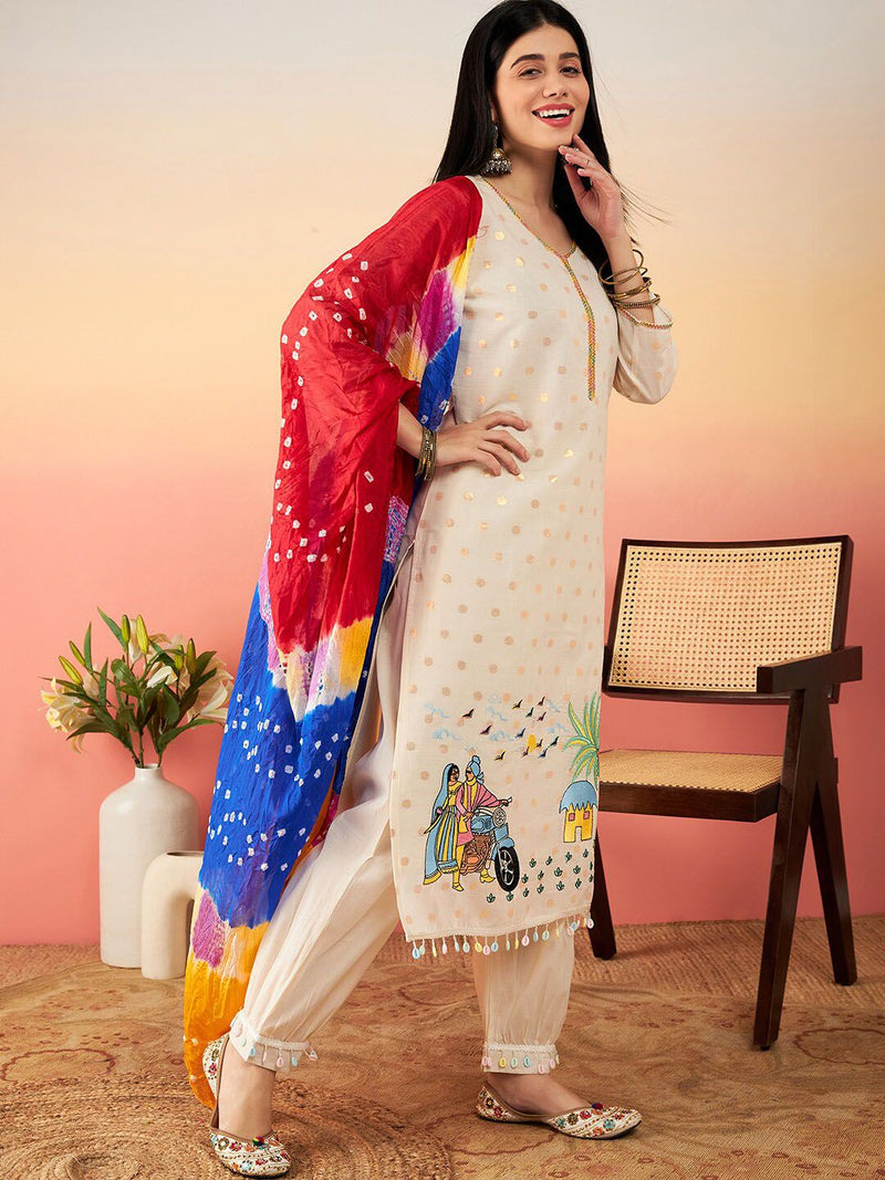 Ethnic Motifs Printed Pure Cotton Straight Kurta With Salwar & Dupatta-5