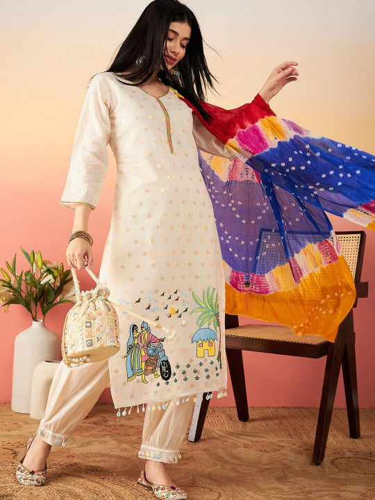 Ethnic Motifs Printed Pure Cotton Straight Kurta With Salwar & Dupatta-4