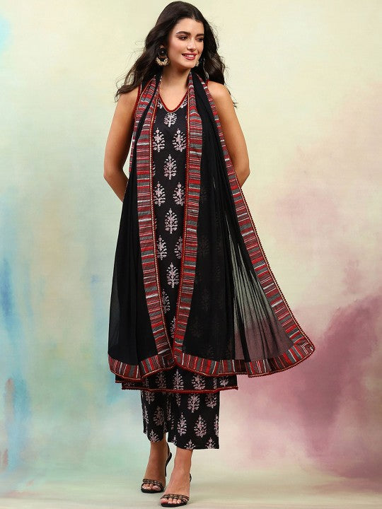 Ethnic Motifs Printed V-Neck Sleeveless Pure Cotton Kurta with Palazzo & Dupatta