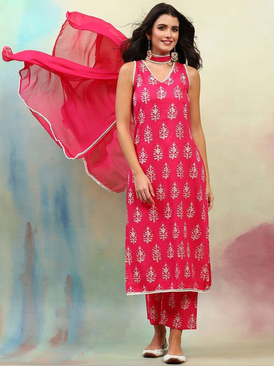 Ethnic Motifs Printed V-Neck Sleeveless Pure Cotton Kurta with Palazzo & Dupatta