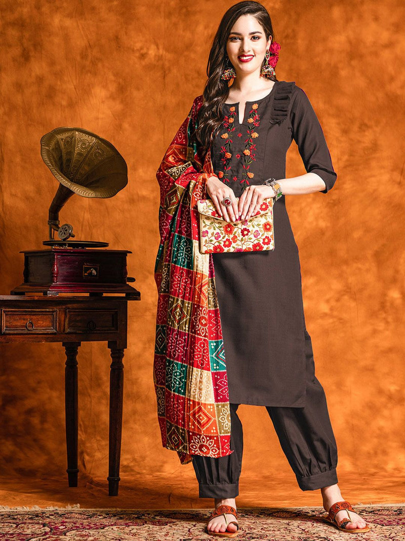 Floral Embroidered Regular Pure Cotton Kurta With Patiala & Dupatta-10