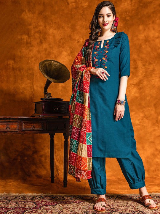 Floral Embroidered Regular Pure Cotton Kurta With Patiala & Dupatta-1