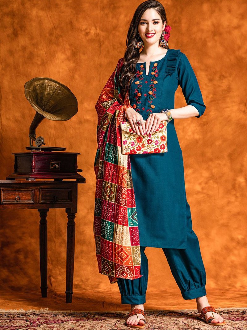 Floral Embroidered Regular Pure Cotton Kurta With Patiala & Dupatta-4