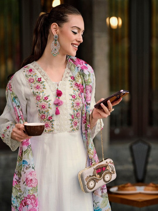 Floral Embroidered Thread Work A-Line Kurta With Trousers & Dupatta-4