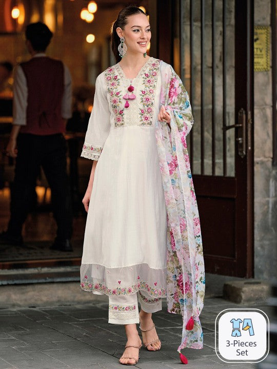 Floral Embroidered Thread Work A-Line Kurta With Trousers & Dupatta-1