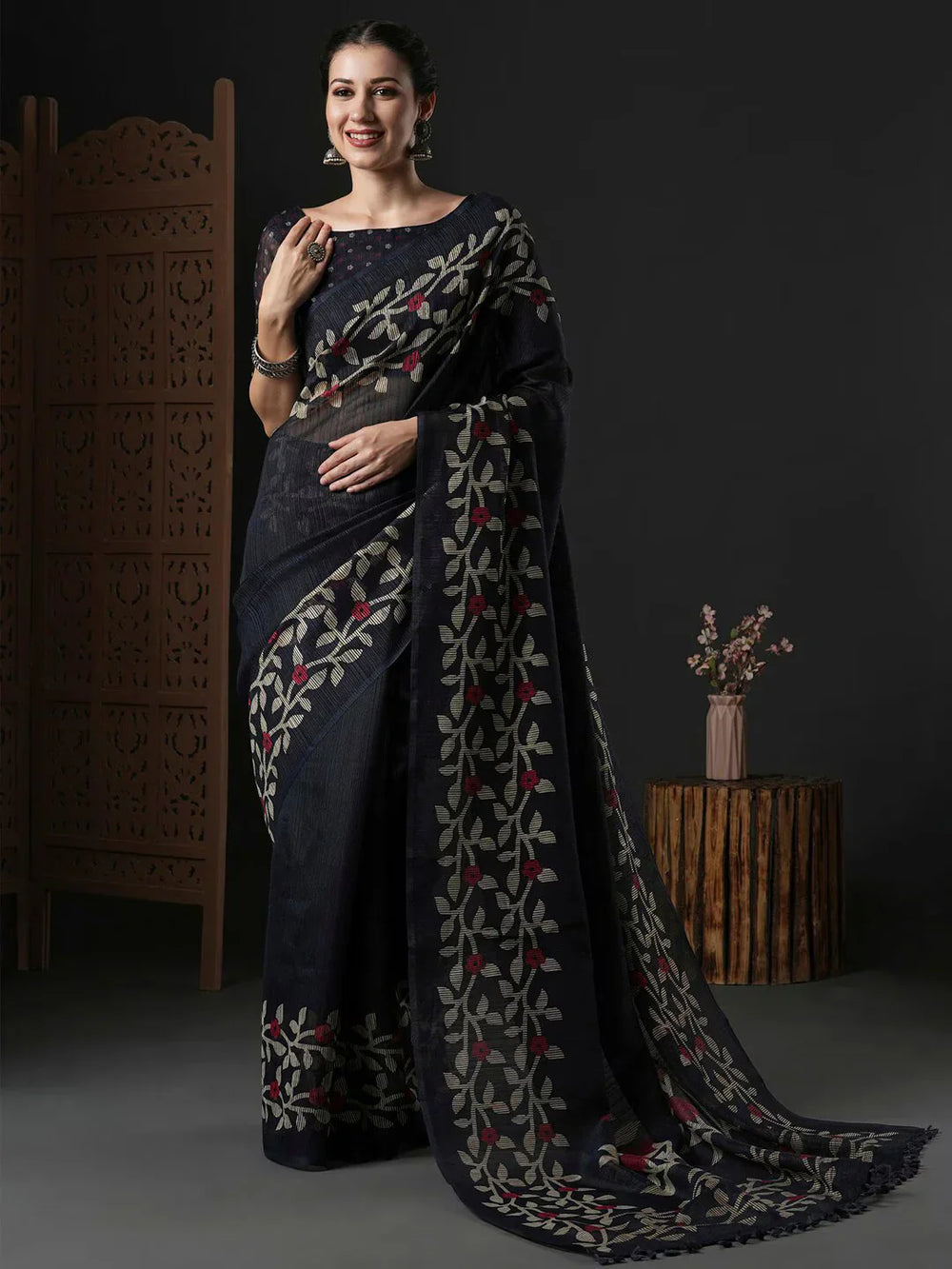 Floral Printed Block Print SareeSareeThis saree epitomizes timeless elegance with its traditional block print design, featuring delicate floral patterns that add a charming touch to its overall aesthetiFloral Printed Block Print Saree