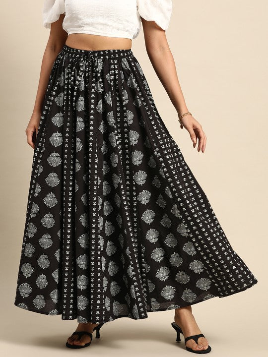 Floral Printed Flared Maxi Skirt-1