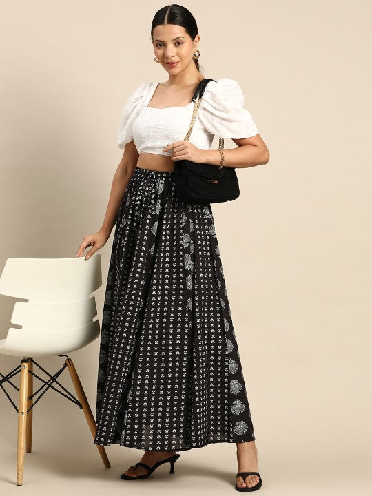 Floral Printed Flared Maxi Skirt-6