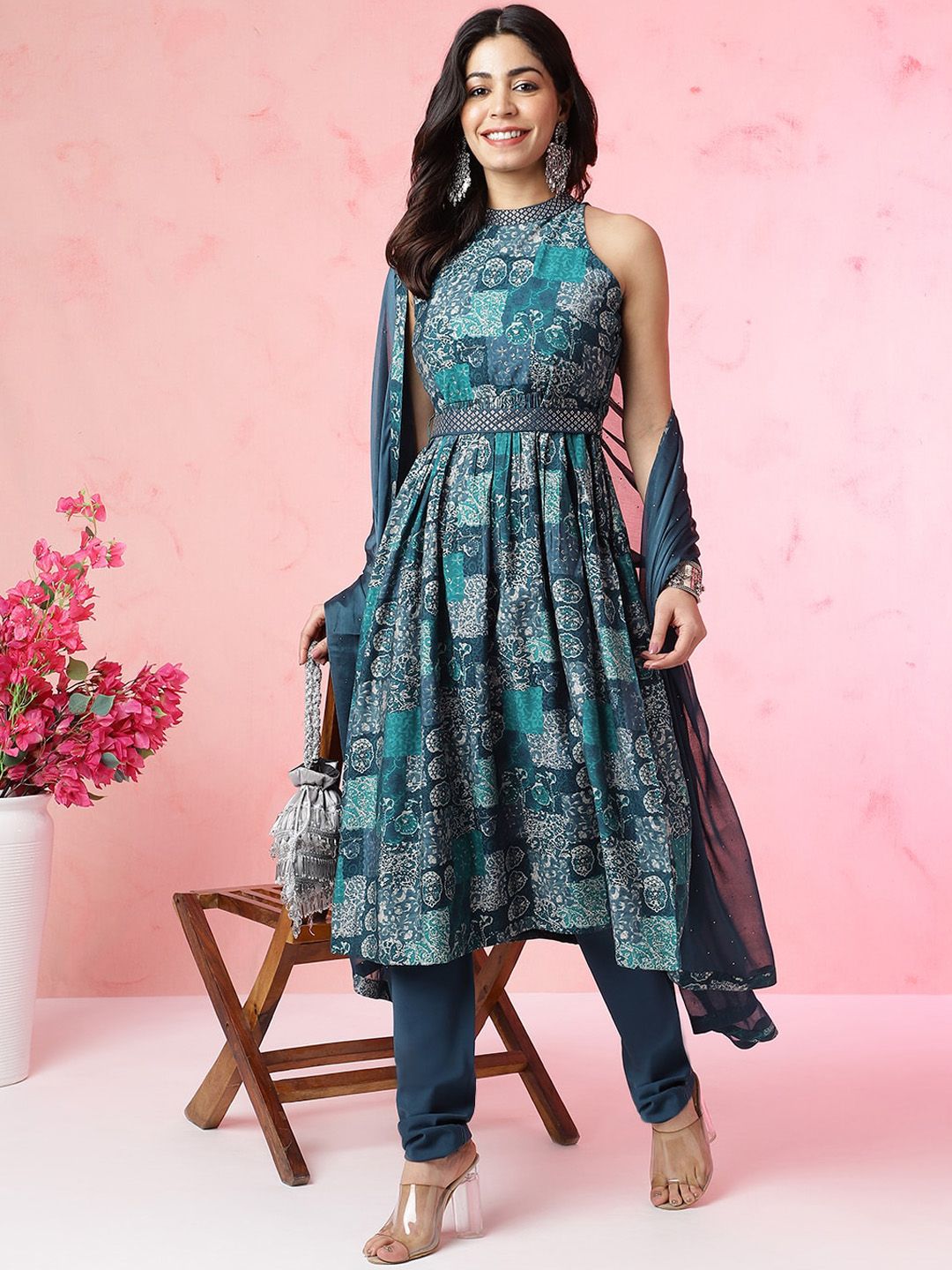 Floral Printed Halter Neck Beads and Stones Anarkali Kurta With Churidar & Dupatta-1
