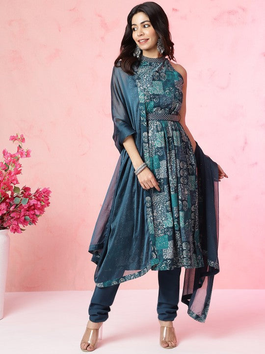 Floral Printed Halter Neck Beads and Stones Anarkali Kurta With Churidar & Dupatta-3