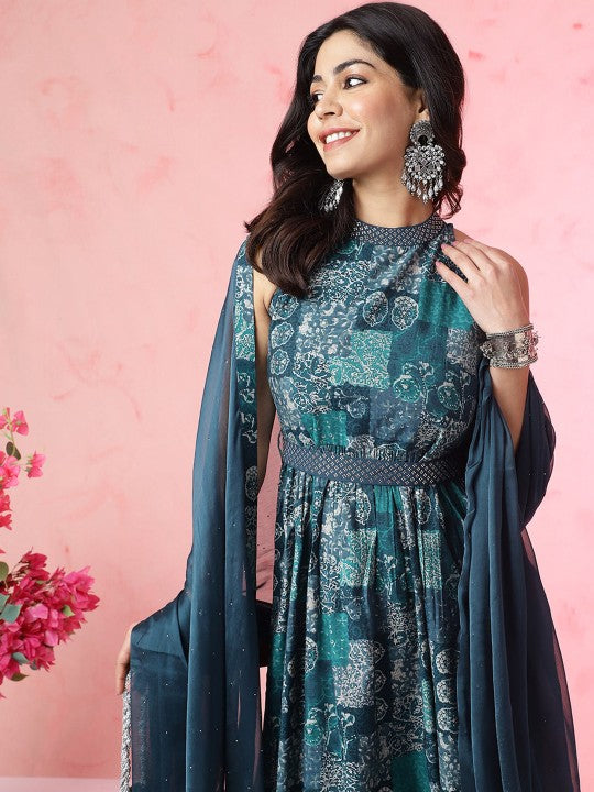 Floral Printed Halter Neck Beads and Stones Anarkali Kurta With Churidar & Dupatta