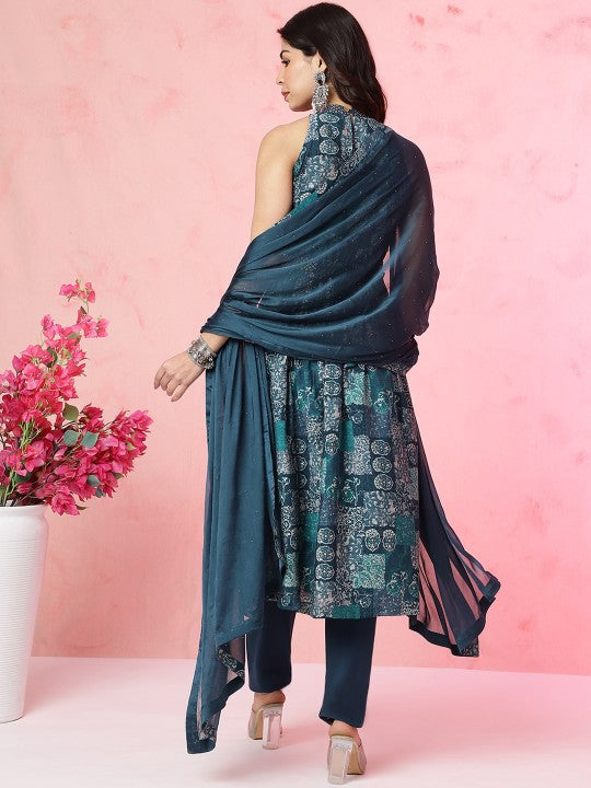 Floral Printed Halter Neck Beads and Stones Anarkali Kurta With Churidar & Dupatta