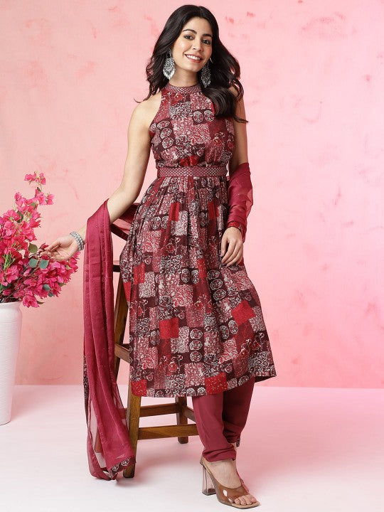 Floral Printed Halter Neck Beads and Stones Anarkali Kurta With Churidar & Dupatta