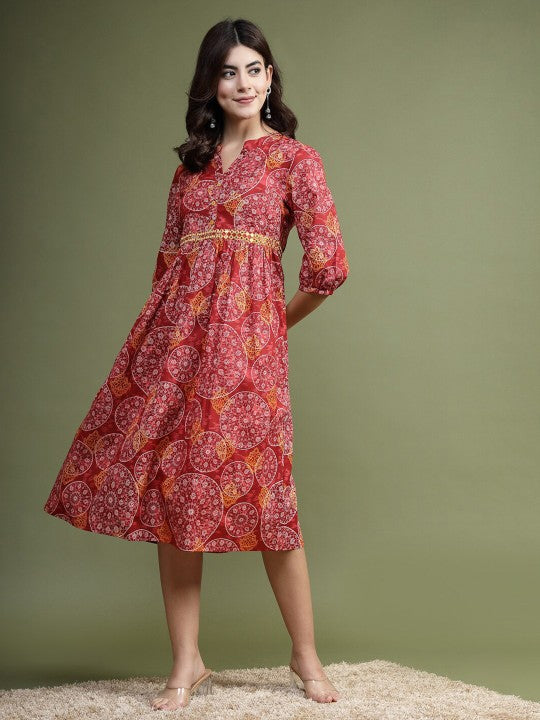 Floral Printed Mirror Work Cotton Fit & Flare Midi Ethnic Dress