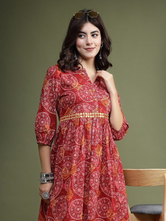 Floral Printed Mirror Work Cotton Fit & Flare Midi Ethnic Dress-3
