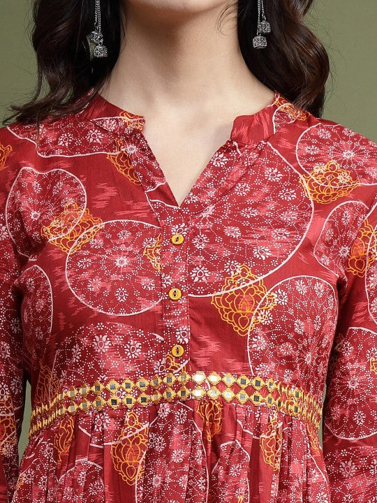 Floral Printed Mirror Work Cotton Fit & Flare Midi Ethnic Dress