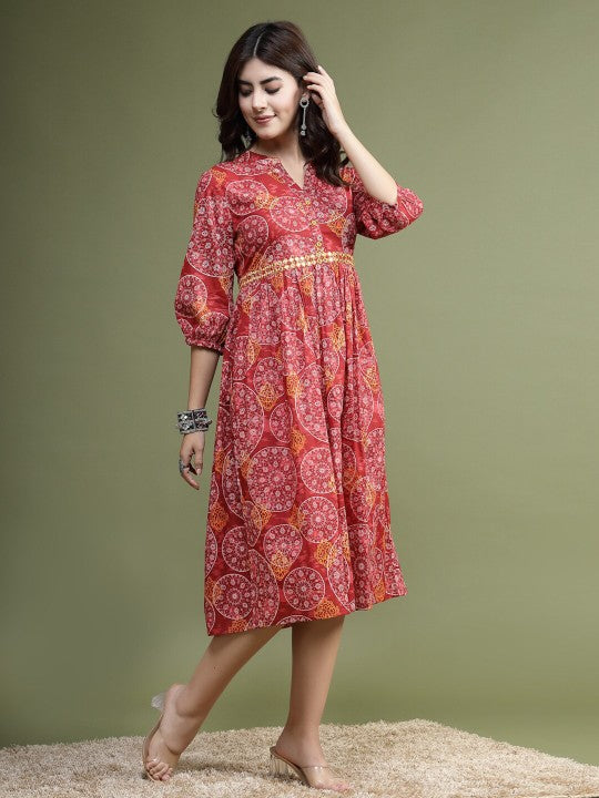 Floral Printed Mirror Work Cotton Fit & Flare Midi Ethnic Dress-4