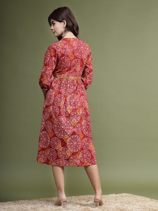 Floral Printed Mirror Work Cotton Fit & Flare Midi Ethnic Dress