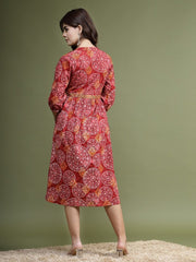 Floral Printed Mirror Work Cotton Fit & Flare Midi Ethnic Dress