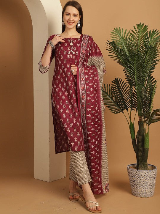 Floral Printed Regular Cotton Straight Kurta With Trousers & Dupatta-1