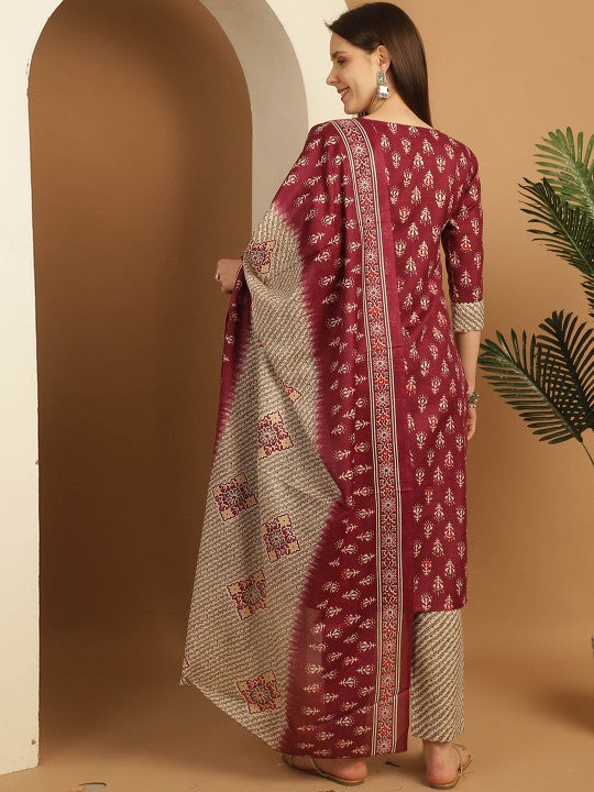 Floral Printed Regular Cotton Straight Kurta With Trousers & Dupatta-2