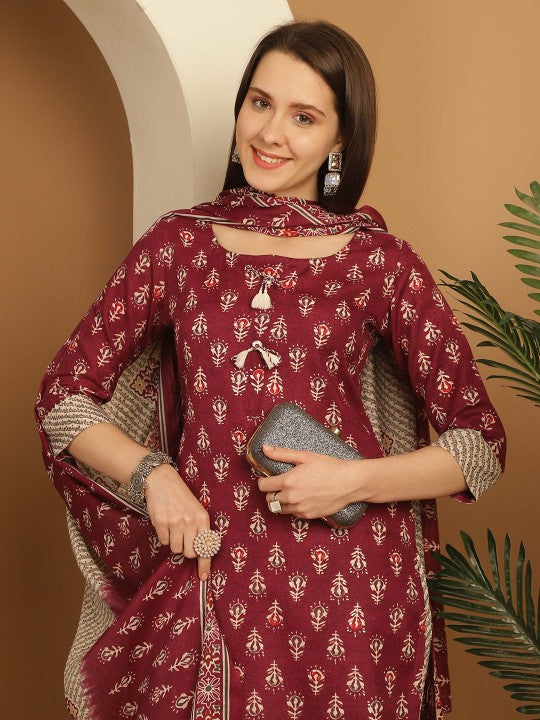 Floral Printed Regular Cotton Straight Kurta With Trousers & Dupatta-3