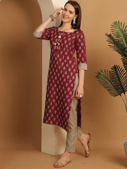 Floral Printed Regular Cotton Straight Kurta With Trousers & Dupatta