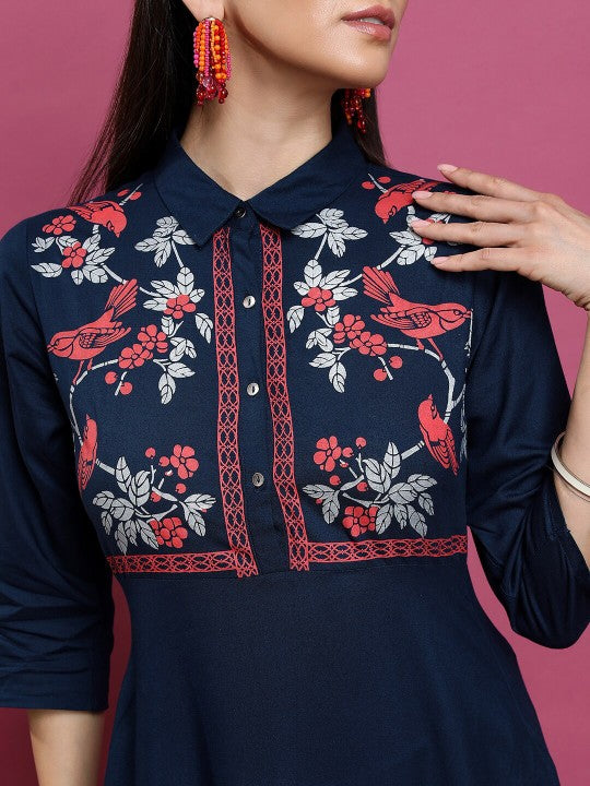 Floral Printed Yoke Design Shirt Collar Three-Quarter Sleeves Anarkali Kurta-6