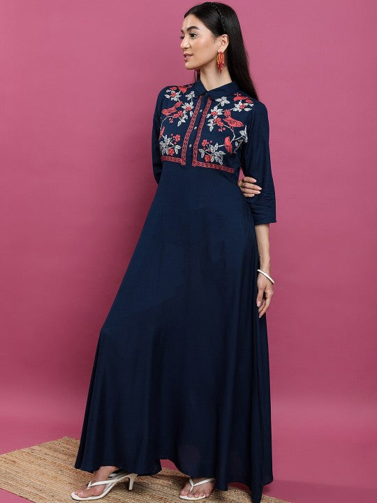 Floral Printed Yoke Design Shirt Collar Three-Quarter Sleeves Anarkali Kurta-4