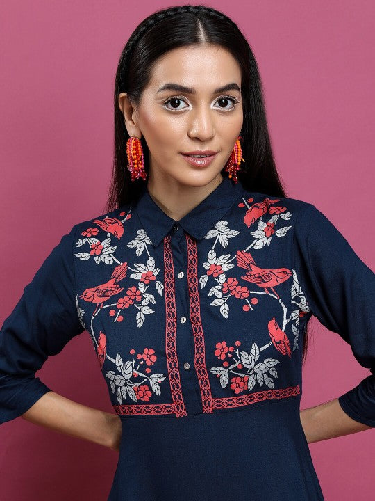 Floral Printed Yoke Design Shirt Collar Three-Quarter Sleeves Anarkali Kurta-5