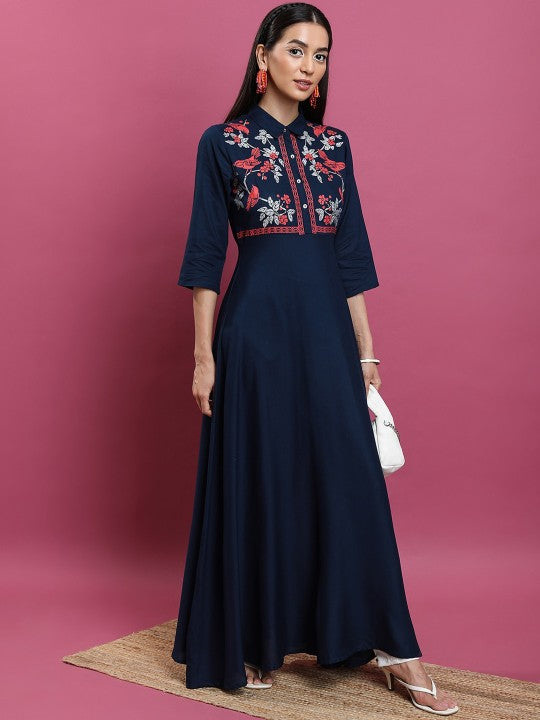 Floral Printed Yoke Design Shirt Collar Three-Quarter Sleeves Anarkali Kurta-1