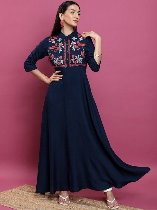 Floral Printed Yoke Design Shirt Collar Three-Quarter Sleeves Anarkali Kurta-3