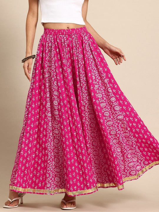 Floral Printed Pure Cotton Flared Maxi Skirt-7