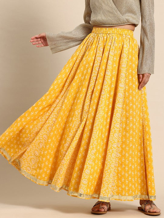 Floral Printed Pure Cotton Flared Maxi Skirt