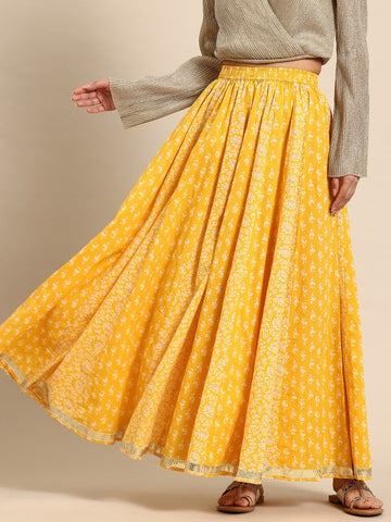 Floral Printed Pure Cotton Flared Maxi Skirt