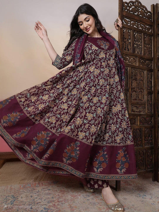Women Burgundy Pure Cotton Kurta Sets-1