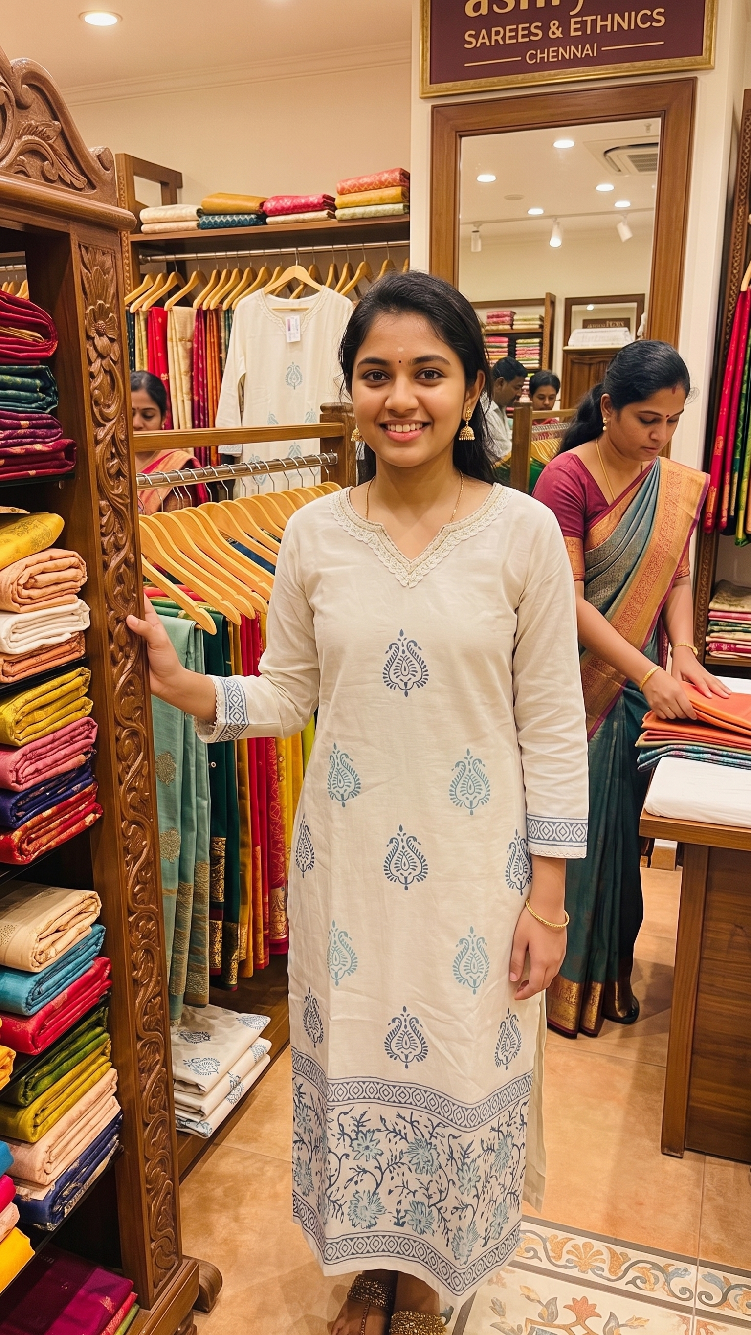Natural Cotton Hand-Block Printed Kurti with V-Neck and Border Detail