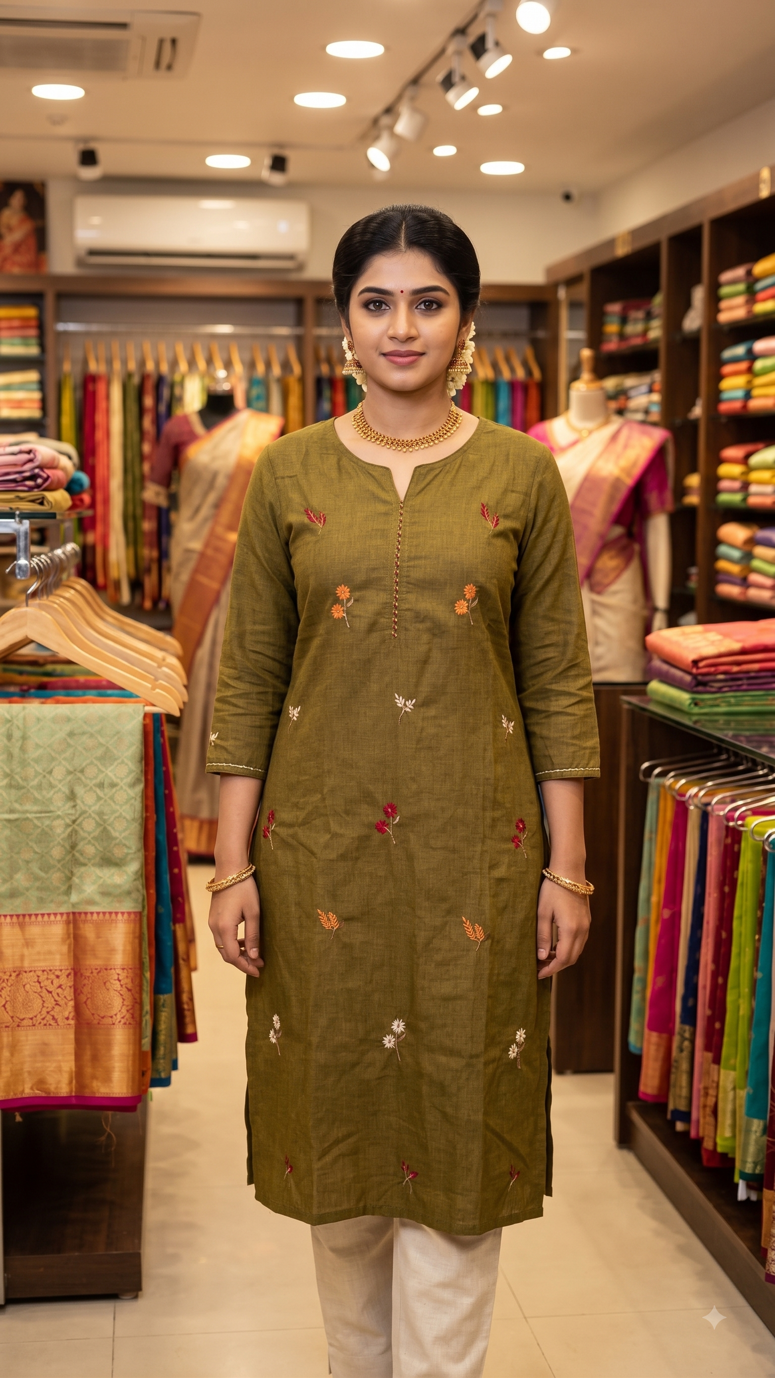 Olive Green Hand-Embroidered Cotton Linen Straight Kurta