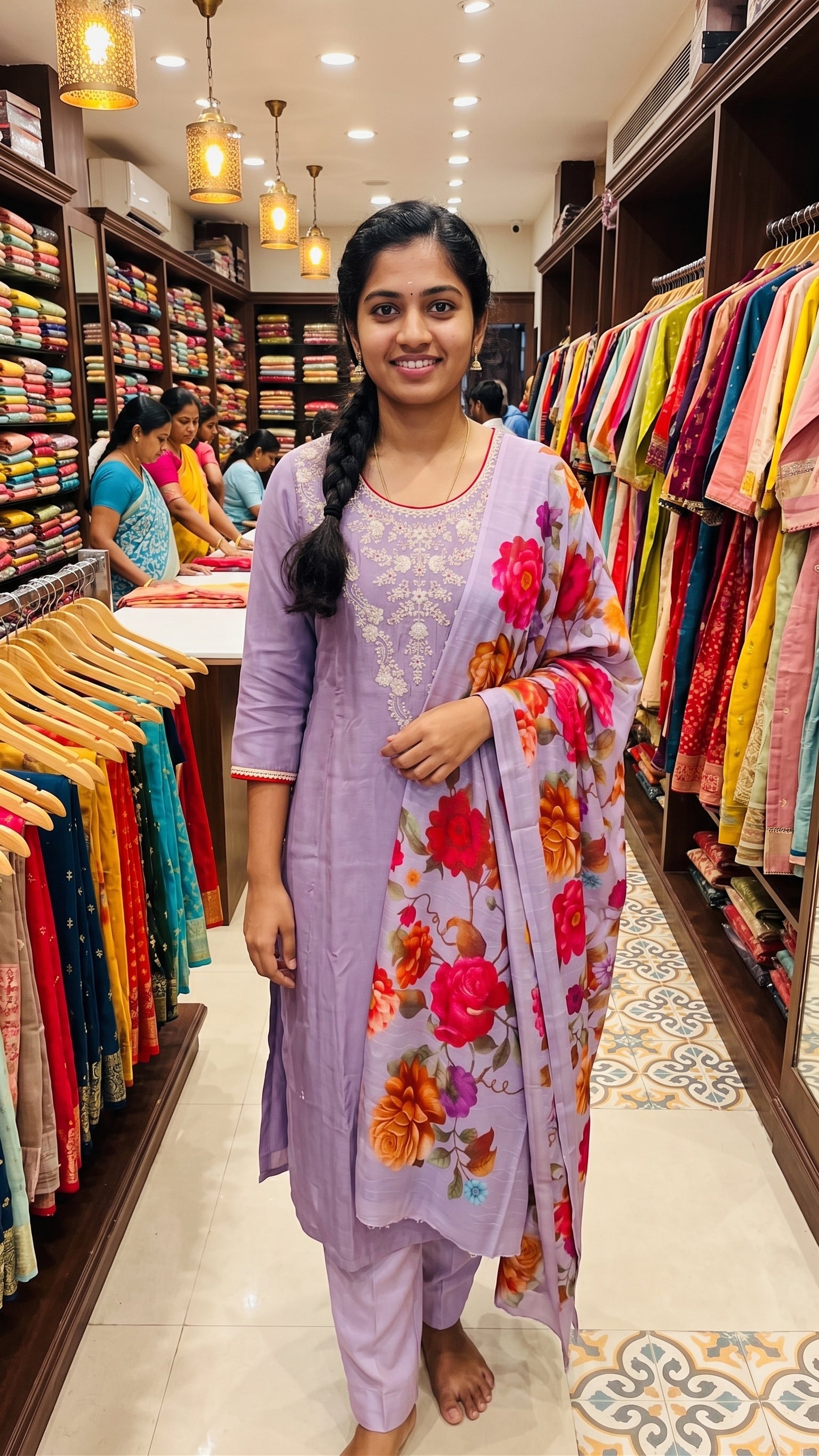 Lavender Hand-Embroidered Kurta Set with Floral Print Dupatta-1