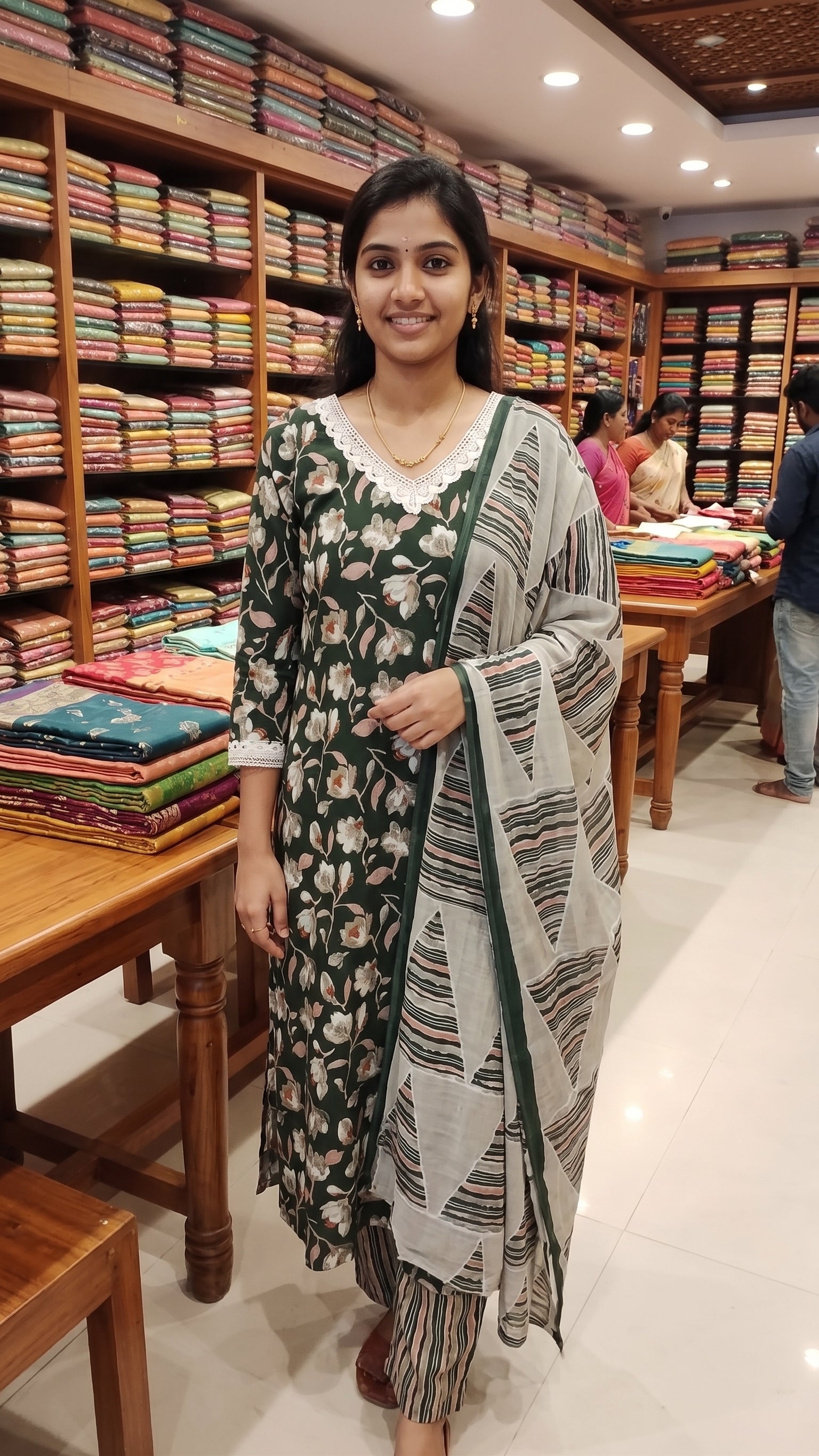 Dark Green Floral Printed Kurta Set with Lace Neckline & Geometric Dupatta