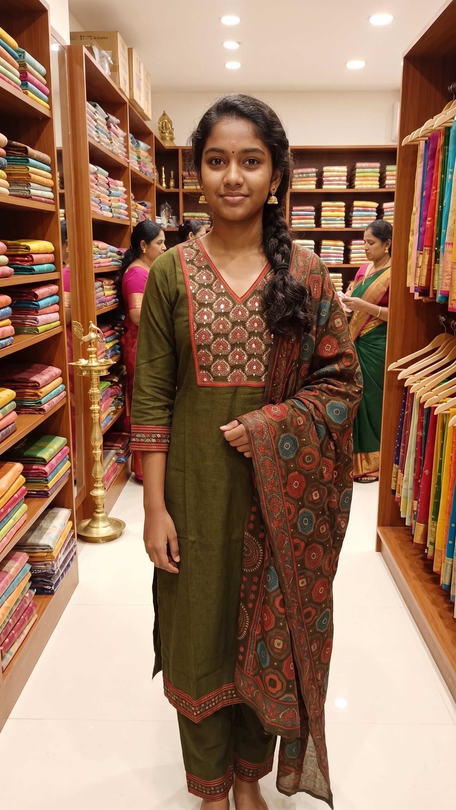 Olive Green Embroidered Cotton Kurta with Printed Dupatta and Mirror Work-1