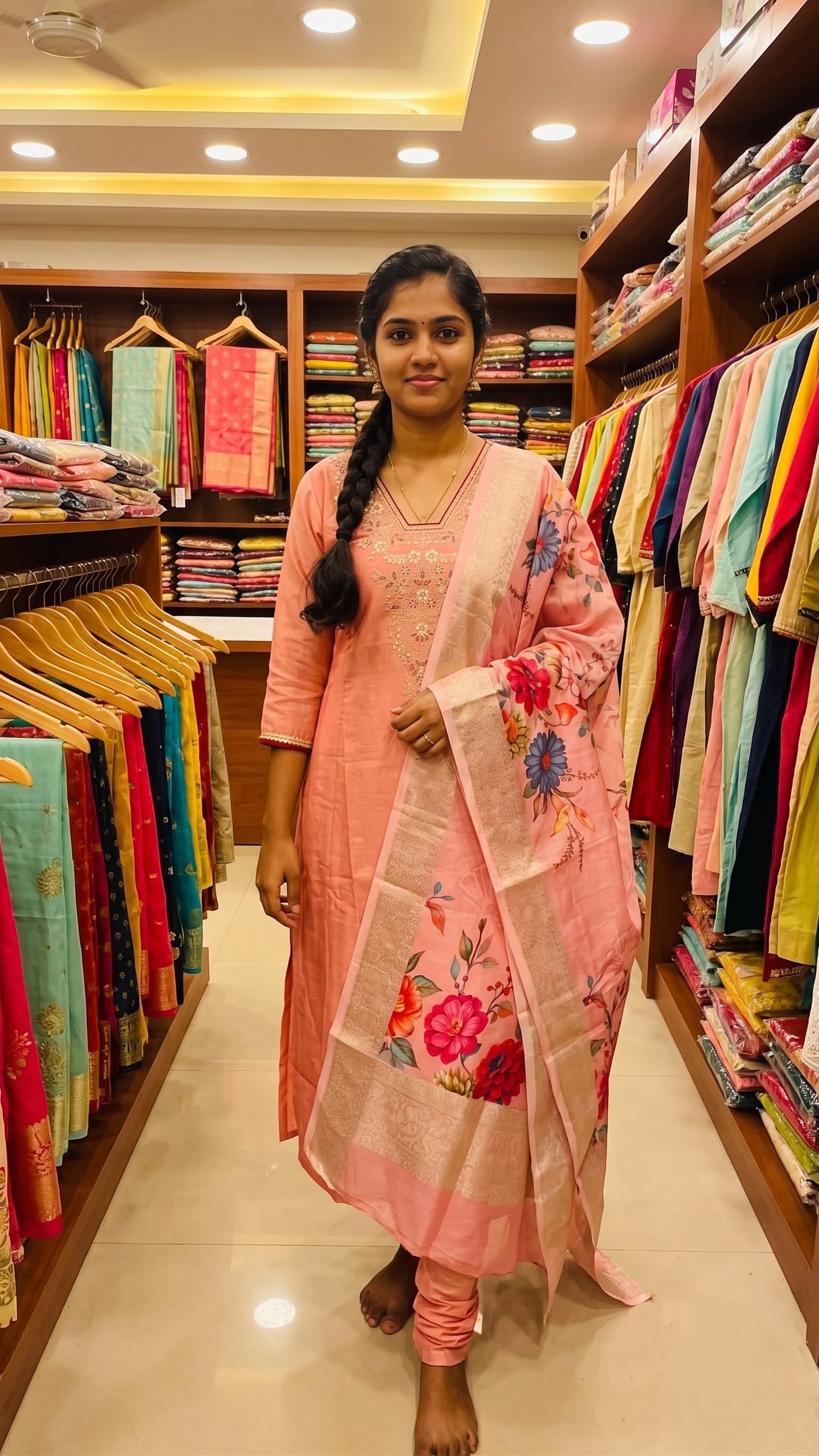 Pink Embroidered Kurti Set with Floral Print Dupatta-1