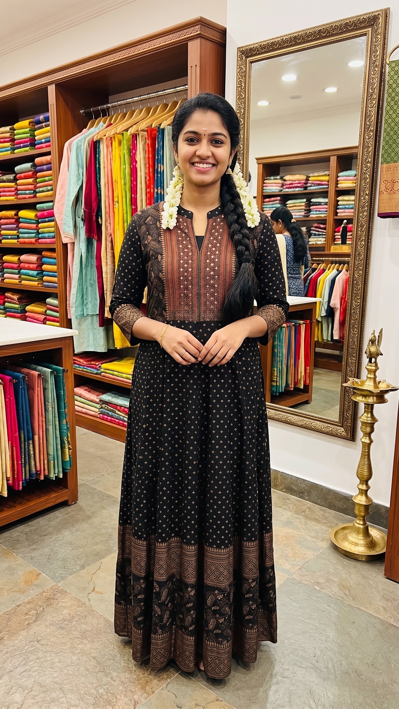 Black Mirror Work & Gold Printed Anarkali Long Dress