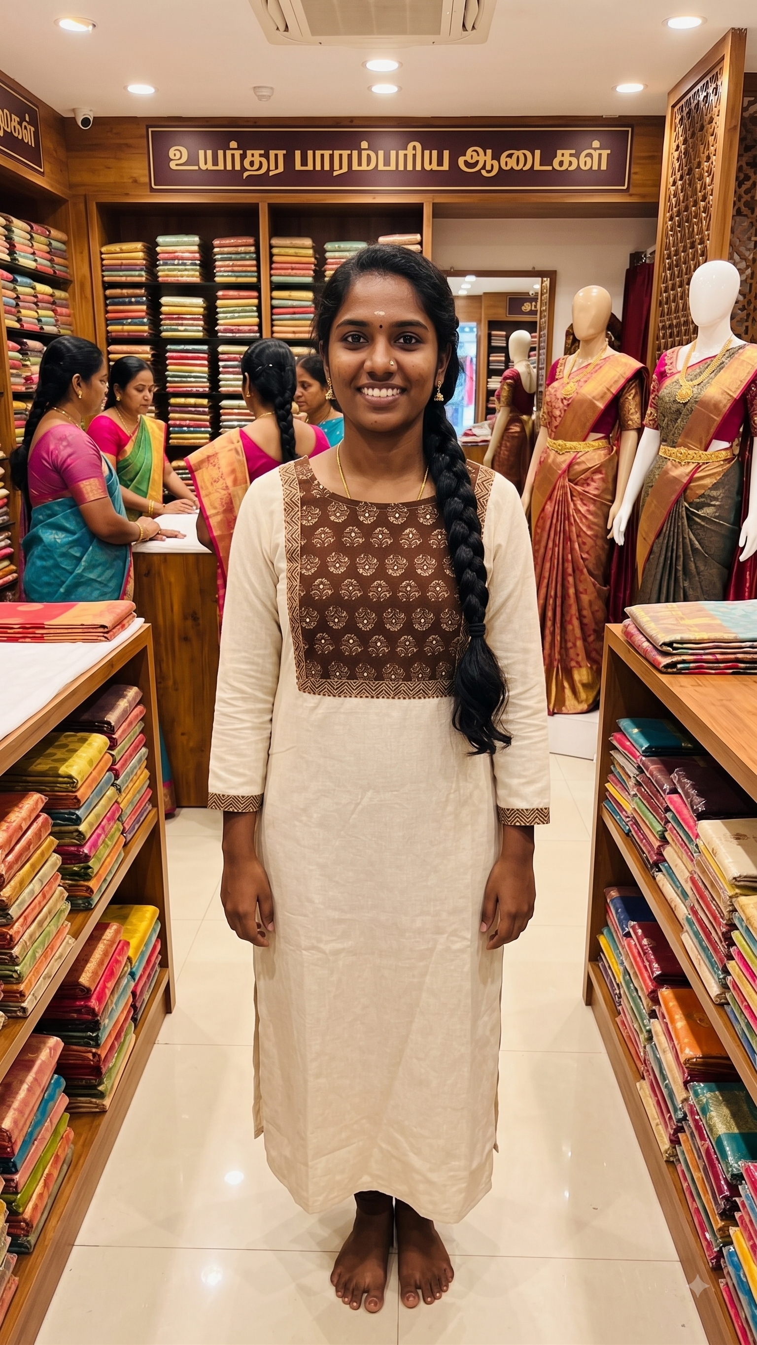 Off-White Cotton Kurta with Contrasting Brown Embroidered Yoke and Sleeve Detailing
