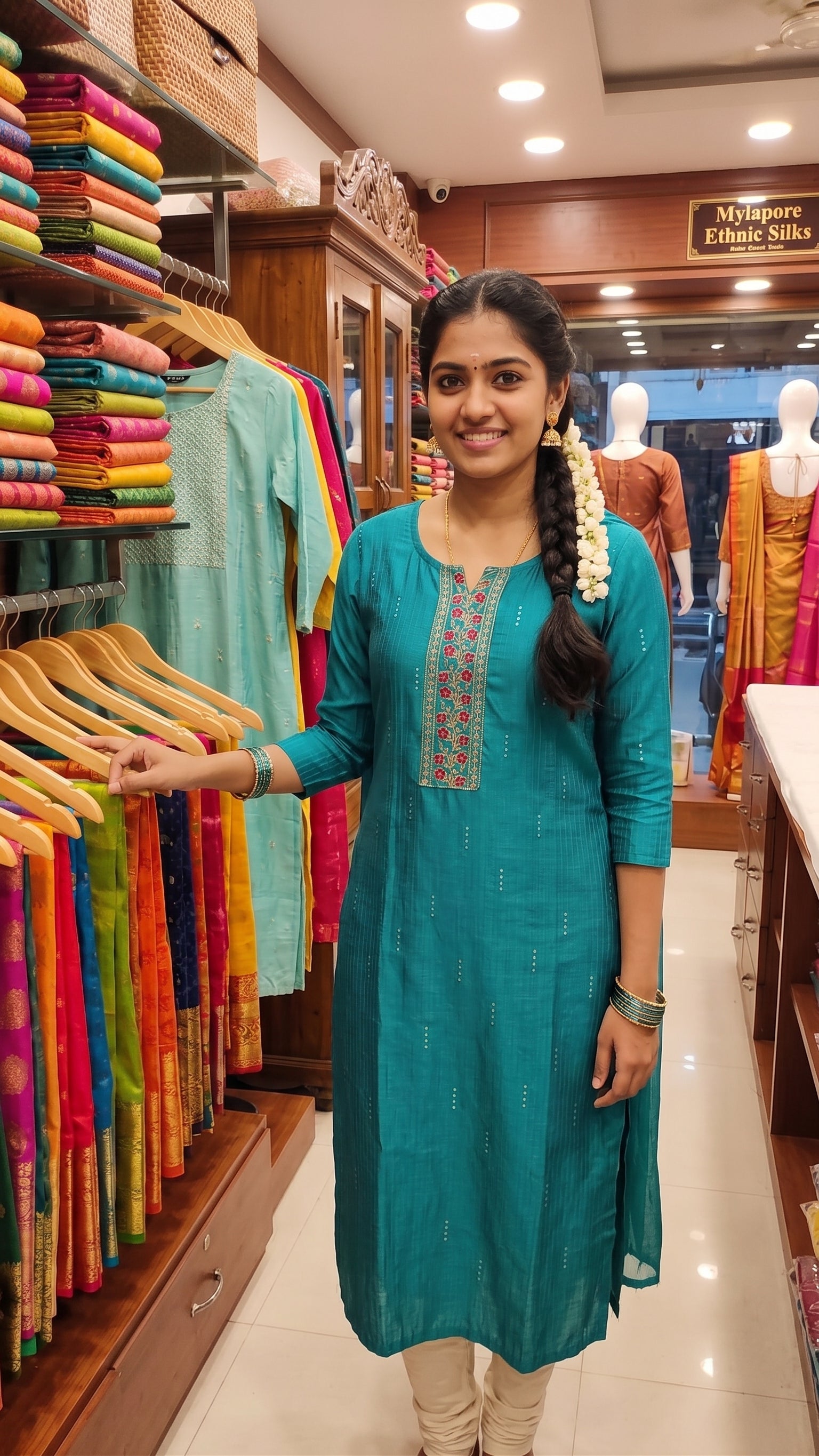 Emerald Green Straight Kurta with Floral Yoke Embroidery