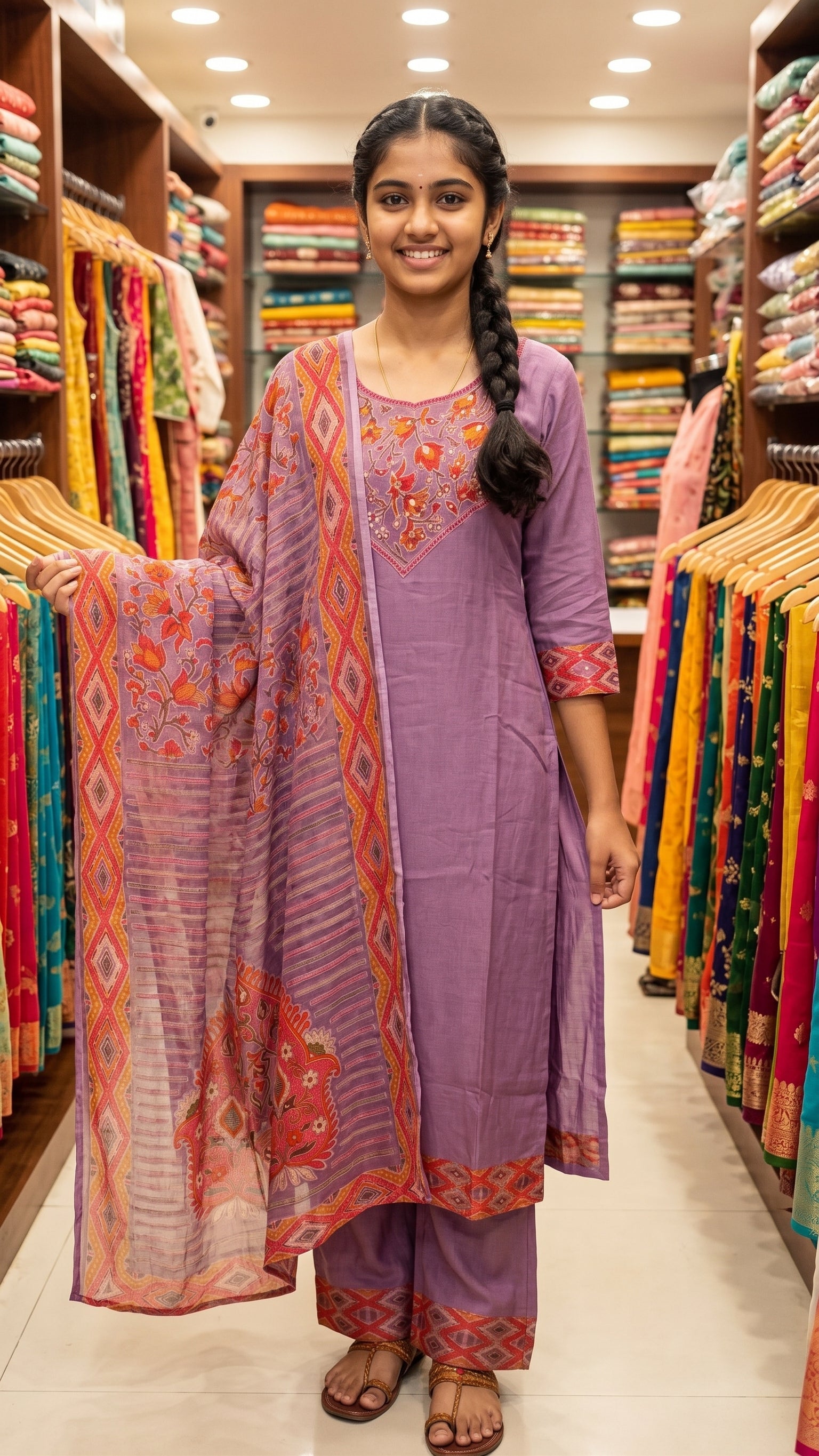 Mauve Floral Embroidered Kurta Set with Matching Dupatta & Trousers