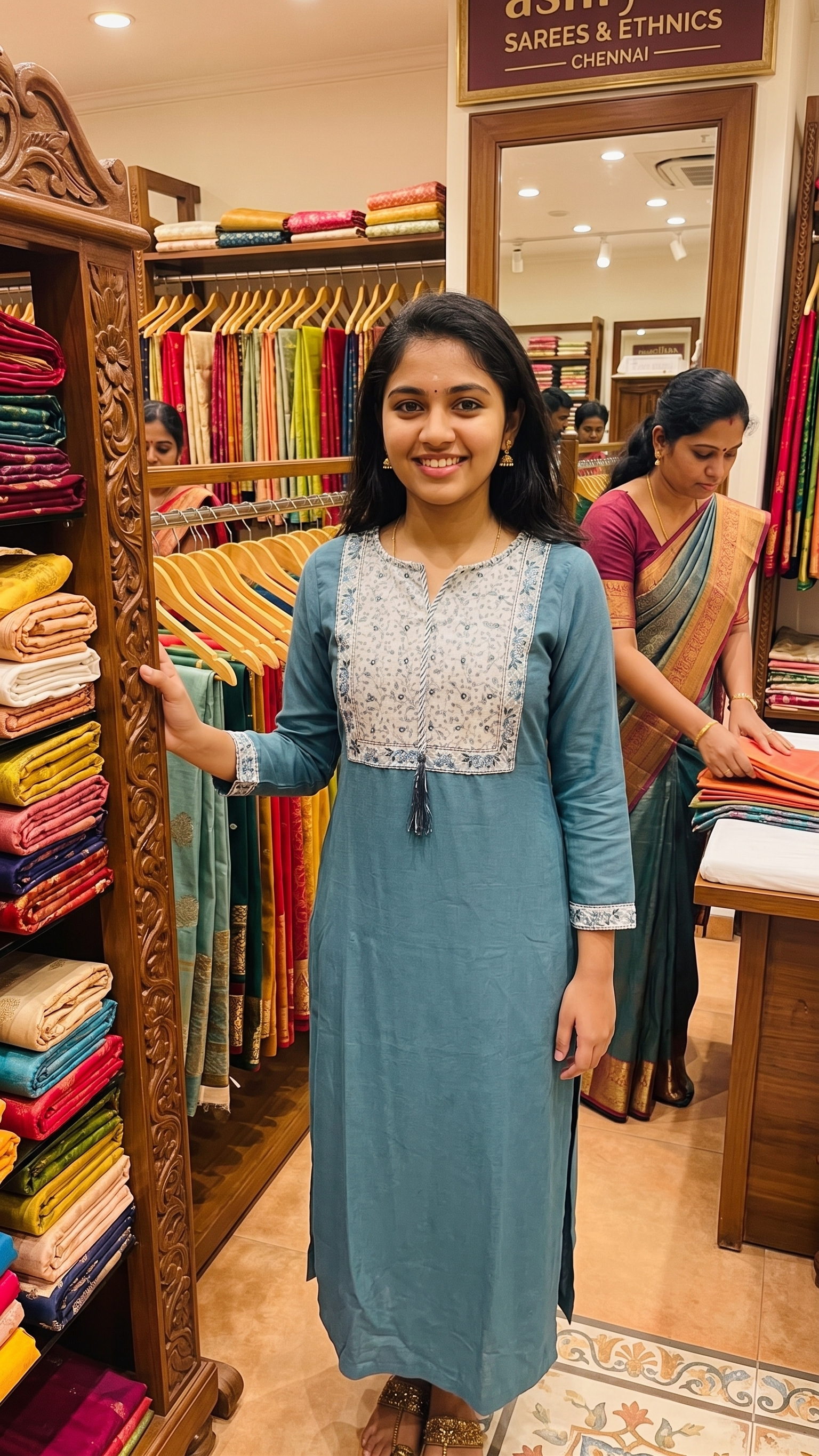 Teal Blue Embroidered Yoke Straight Kurti with Tassel Accent